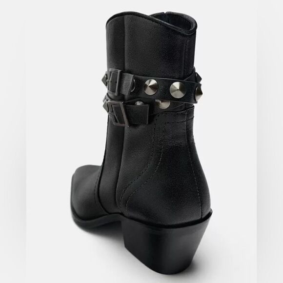Zara Black Leather Strap Cowboy Comfortable Block Heel Ankle Boots - Picture 10 of 10